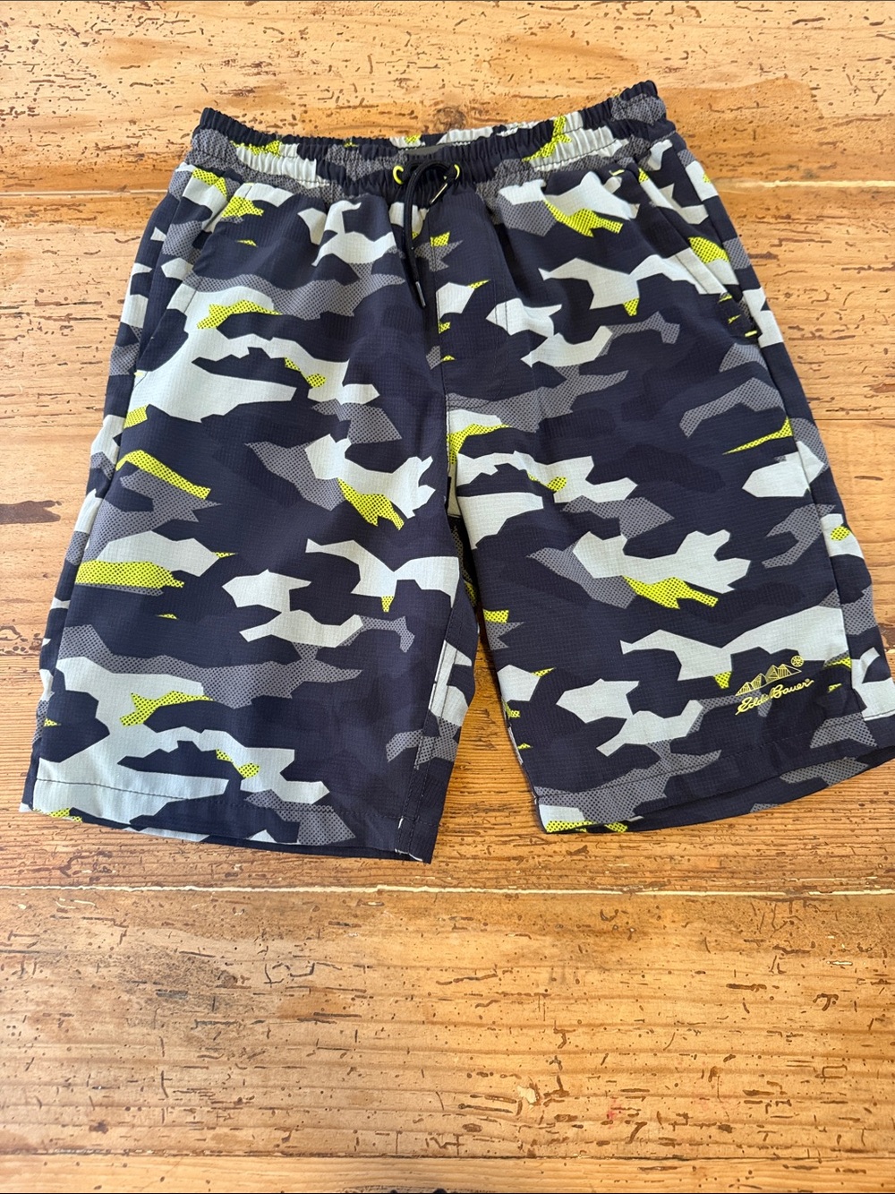 Eddie Bauer Boys' Camo Swim Trunks - Black, Gray & Yellow-Green